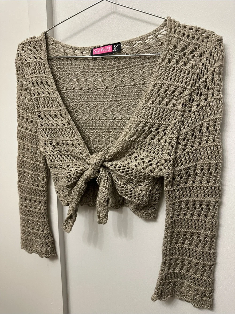 Y2K “Say What?” Crochet Tie-Front Cardigan in Taupe - Picture 2 of 7
